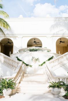 an outdoor staircase with palm trees and potted plants on either side, leading up to the upper floor