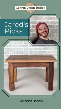 a wooden bench with the words jared's picks on it and an image of a