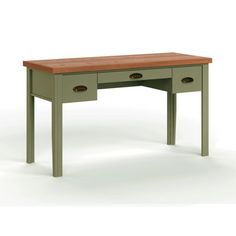 a green desk with two drawers and a wooden top