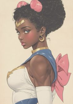 a drawing of a woman with an afro and pink bow in her hair, wearing a white top