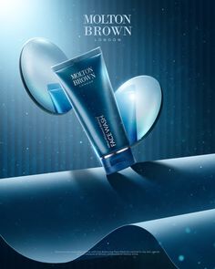 a tube of lotion on top of a wavy blue background with the words molton brown