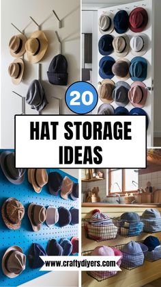 several hats are hanging on the wall in different styles and sizes, with text overlay that reads 20 hat storage ideas