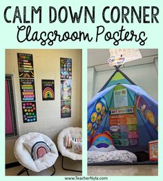 classroom posters with the words calm down corner and classroom posters on the wall behind them