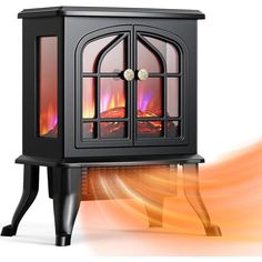 a black stove with an open door and flames in the front on a white background