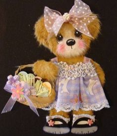 a brown teddy bear wearing a dress and holding a basket