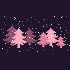 three pink trees in the snow on a dark background with falling snowflakes and stars