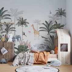 a child's room decorated with jungle wallpaper