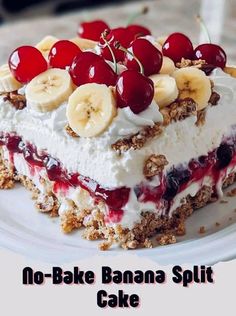 a no bake banana split cake with cherries and bananas on top, sitting on a white plate