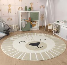 a child's room with a lion rug on the floor