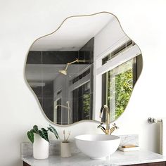 a bathroom sink with a large mirror above it and a potted plant on the counter