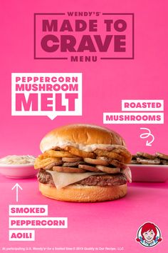 an advertisement for a restaurant called made to crave, featuring a large hamburger with meat and cheese