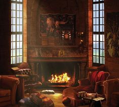 a living room filled with furniture and a fire place in the middle of two windows