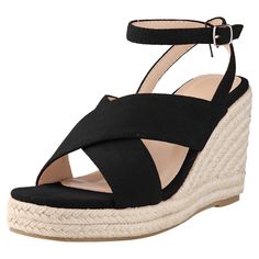 Every girl needs a versatile pair of wedges in her closet, and these beauties are a must-have! Featuring a stylish slingback ankle strap and an espadrille platform heel, they effortlessly add comfort to your everyday look. The cross-strap design perfectly complements your favorite denim jeans, shorts, skirts, and casual wear, making them a go-to choice for any occasion. Plus, they're made with a soft faux suede vamp, durable TPR outsole, and a comfortable Espadrille+EVA heel, ensuring long-lasti Summer Vacation Slingback Heels, Black Wedge Heel Slingback Sandals For Spring, Casual Slingback Wedge Heel Sandals For Vacation, Spring Vacation Wedge Heel Slingback Sandals, Platform Wedge Sandals For Vacation, Spring Vacation Slingback Wedge Sandals, Wedge Sandals With Heel Strap For Vacation, Platform Slingback Wedge Sandals For Beach, Synthetic Slingback Wedge Sandals For Vacation