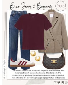 ✨ 4 Ways to style Dark Blue Jeans & Burgundy! ✨ Dark blue jeans are a wardrobe staple, but pairing them with rich burgundy takes your style to the next level. Whether you’re going for casual or chic, these combos are perfect for autumn🍁 Swipe to see how to style this duo in 4 looks. What’s your favourite look? Let me know in the comments👇💬 and share these styling tips with friends 🗣️ ✨Available items and some alternatives will be linked in stories and in September highlights✨ . . . . . #n... Casual Navy Pants Outfit, Dark Blue Combination Outfit, Navy Flats Outfit, Styling Dark Blue Jeans, Burgundy Jeans Outfit, Cranberry Pants, Navy Pants Outfit, Dark Blue Jeans Outfit, Dark Jeans Outfit