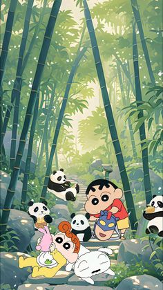 an animated scene with pandas and other animals in the forest, including two children