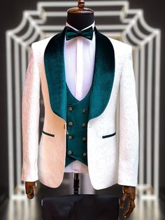 Item contains : Cost Vest and Pants  Fabrics :   Coat imposed luxury siting fabrics and luxury velvet  Colours :  White coat with emerald green tuxedo and green vest and black pants  Style and Designs :  Coat has a regular collar single breasted fit with a single trendy button style pack with a double vented back and long sleeves Vest coat also combines double breasted  deep V cut 4 buttons neck design and come with double breast classical closure style  Trousers come with a mid rise fit and fou Men Groom Suit, Suit Vest For Men, Wedding Suit For Men, Green Tuxedo, Vest For Men, Suit For Men, House Clothes