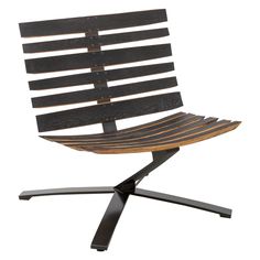 a wooden chair sitting on top of a metal stand with black slatted wood strips