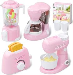 a pink blender and other kitchen appliances