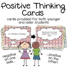 positive thinking cards with two children holding hands and one has an empty thought bubble above it