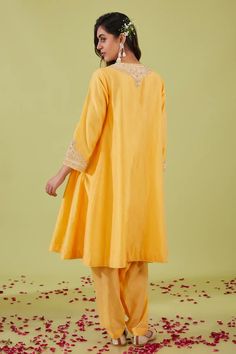 Yellow flared sleeves anarkali with persian bloom yoke embroidery using gota, moti sequins and zari nakshi highlights. Paired with a salwar and scallop moti border peach organza dupatta. - Aza Fashions Yoke Embroidery, Organza Dupatta, Set For Women, Flared Sleeves, Anarkali, Aza Fashion, Persian, Highlights, Embroidery