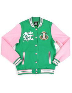 Experience the ultimate in comfort and style with the AKA Fleece Varsity Jacket. Made from high-quality, super-soft fleece, this jacket features a fully embroidered shield and Alpha Kappa Alpha on the front. The back is adorned with a stunning printed design of the ivy leaf, making this jacket perfect for any AKA. FEATURES 60% COTTON, 40% POLYESTER TEAM LOGO EMBROIDERY ON FRONT PRINTED ON BACK PRODUCT CARE MACHINE WASH WARM WASH LIKE COLORS DO NOT BLEACH DO NOT SOAK TUMBLE DRY LOW COOL IRON DO NOT DRY CLEAN Probate Outfit Greek Aka, Aka First Day Out Outfits, Alpha Kappa Alpha Pajamas, Aka Outfits Alpha Kappa Alpha, Aka Jacket, Alpha Kappa Alpha Sorority Gifts, Alpha Kappa Alpha Jackets, Alpha Kappa Alpha Clothing, Old English T