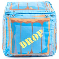 a blue and orange backpack with the word drop on it's front door, in yellow letters