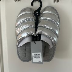 Nwt, Metallic Silver Slipper From Nordstrom. Never Been Worn. Size 7-8 Synthetic Slip-on Slippers With Leather Footbed, Gray Slip-on Synthetic Slides, Comfortable Slip-on Slippers With Buckle Closure, Gray Cozy Slip-on Slippers, Gray Slip-on Indoor Slippers, Silver Slippers, Nordstrom Shoes, Shoes Women, Womens Slippers