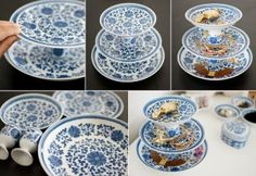 several pictures of blue and white plates stacked on top of each other