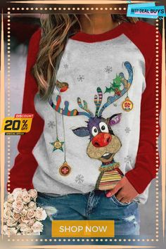 Casual Cotton-blend Christmas Animal Print Long Sleeve Sweatshirt Christmas Tops For Women, Christmas Tunic, Reindeer Lights, Raglan Sleeve Sweatshirt, Cartoon Sweatshirts, Christmas Tops, Color Block Top, Tshirt Pattern, Round Neck Sweatshirts