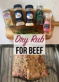 a rack with meat and spices on it in the oven, next to an image of dry rubs for beef