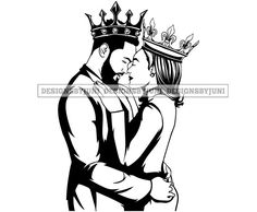 a black and white drawing of a couple in love with a crown on their head