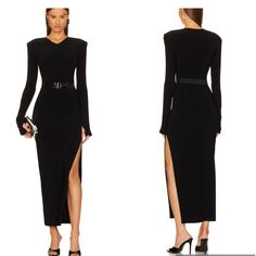 Norma Kamali Long Sleeve Shoulder Pad Side Slit Gown Color:Black Size: L Elevate Your Evening Elegance With Norma Kamali's Long Sleeve Shoulder Pad Side Slit Gown. Featuring Padded Shoulders, Thumbhole Cut-Out, And A Seductive Side Seam Slit, This Slinky Jersey Gown Is The Perfect Choice For Your Next Formal Event. 95% Polyester 5% Spandex Feito Na China Hand Wash Unlined Pull-On Styling With Optional Belt Padded Shoulders Thumbhole Cut-Out Slinky Jersey Fabric With Side Seam Slit Pit To Pit 19” Norma Kamali Dress, Norma Kamali, Guest Dresses, Shoulder Sleeve, Jersey Fabric, Formal Event, Shoulder Pads, Wedding Guest Dress, Wedding Guest