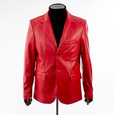 Men's Red Slim-Fit Leather Blazer Vegan Leather Fitted Single Breasted Leather Jacket For Business, Fitted Red Leather Jacket For Work, Fitted Leather Jacket With Double Button For Business, Fitted Single Button Leather Jacket For Fall, Semi-formal Fitted Single Breasted Leather Jacket, Classic Red Fitted Leather Jacket, Classic Fitted Red Leather Jacket, Formal Red Leather Jacket, Red Leather Jacket For Formal Occasions