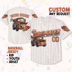 Custom Disney Cars Lightning Tow Mater Baseball Cars Baseball Jersey 1 Sporty Tops With Character Print For Sports, White Sublimation Character Print For Fan Merchandise, Casual Jersey For Fans With Sublimation Print, Casual Jersey With Sublimation Print For Fans, Sporty Tops With Character Print For Fans, Fan Apparel Tops With Character Print For Sports Events, Sports Fan Apparel Tops With Character Print, White Cartoon Print Sports Top, Sporty Tops With Character Print For Sports Events