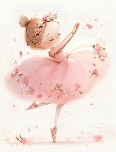 a ballerina in a pink tutu with flowers on her head and arms stretched out