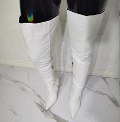 Women's White High Heel Split Boots · Eoooh❣❣ · Online Store Powered by Storenvy Casual White Knee-high Boots With Round Toe, Trendy White Wide Calf Heeled Boots, Trendy Fitted Knee-high Synthetic Boots, Casual Synthetic Knee-high Boots With Pointed Toe, White Knee-high Synthetic Boots, White Knee-high Boots With Wide Calf, White Knee-high Boots For Wide Calves, White Faux Leather Knee-high Boots For Spring, Trendy White Knee-high Heeled Boots