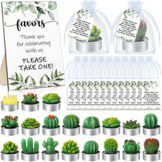 a bunch of cactus plants are shown in front of a sign and some other items