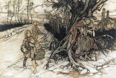 an image of two children walking in the snow near a tree and house with scarecrows on it