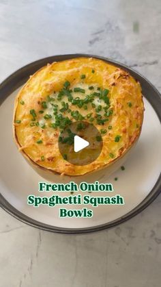 a dish on a plate with the words french onion spaghetti bowls