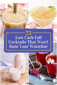 Collage of 4 low carb fall cocktails. Low Carb Halloween Cocktails, Keto Alcohol Drinks For Fall, Low Calorie Mocktail Recipe Fall, Low Carb Fall Cocktails, Keto Halloween Cocktails, Keto Cocktails For Fall, Low Sugar Halloween Cocktails, Low Calorie Fall Drinks, Low Carb Christmas Drinks