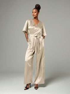 Jumpsuit Pantsuit Mother Of The Bride Dresses Sleek V-neck Jumpsuits And Rompers For Work, Chic Satin V-neck Jumpsuits And Rompers, Chic Satin Jumpsuits And Rompers With V-neck, Elegant Satin Pantsuit For Evening, Chic Formal Satin Jumpsuits And Rompers, Elegant V-neck Spring Pantsuit, Elegant Party Jumpsuits And Rompers With Surplice Neckline, Elegant V-neck Jumpsuits And Rompers For Spring, Elegant Satin Jumpsuit Or Romper In Solid Color