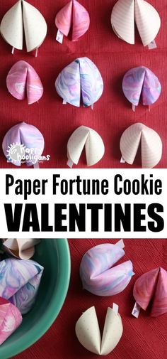 paper fortune cookie valentine's day treats on a red tablecloth with text overlay