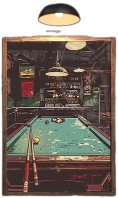 a pool table with two cues in front of it and an overhead light hanging from the ceiling