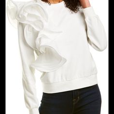 Enjoy Your Leisure Time With Some Style. This Top Is Comfortable And Casual Like Any Other Long Sleeve Shirt; However, Enjoy The Same Feels With A Boost Of Confidence As The Floral Ruffle Gives A Fashionable Twist. Features: Cuffed Long Sleeves And Hem, Floral Ruffle On Right Shoulder, And Round Neck Chic Fitted Sweater With Ruffles, Feminine White Crew Neck Sweater, White Ruffled Sweater For Spring, Chic Stretch Sweater For Spring, Fitted Feminine Ruffle Sweater, Chic Ruffle Sleeve Top For Winter, Fitted White Sweater With Ruffles, Chic Winter Top With Ruffle Sleeves, Chic Stretch Sweater With Ruffles