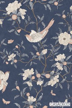 a blue wallpaper with white flowers and birds on it's branches, in front of a dark blue background