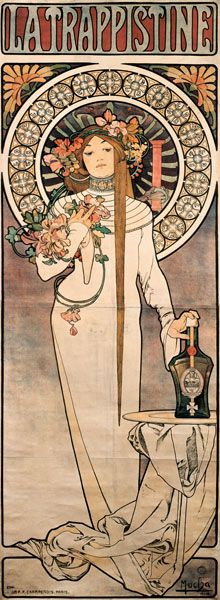 an art nouveau poster with a woman holding a vase