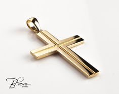 "Mens Gold Cross Pendant 14K Solid Gold Cross Necklace Mens Cross Pendant Mens Cross Necklace DESCRIPTION: MATERIALS 14k Solid yellow gold cross ~ 7.10 gr. Note - this is a handmade item - minor differences (+-7%) in the final weight are quite possible! DIMENSIONS ~ 47 mm. length (with the link on the top) ~ 25 mm. width Please, take a look at the detailed size information in the second picture! SMALLER version of the same model is available here: https://www.etsy.com/listing/268157186/ VARIATIO Cross Necklace Mens, Mens Cross Necklace, Solitaire Diamond Pendant, Necklace Mens, Mens Crosses, Solitaire Pendant Necklace, Gold Cross Necklace, Cultured Pearl Necklace, Gold Cross Pendant