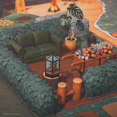 a painting of a living room with couches, tables and flowers on the ground