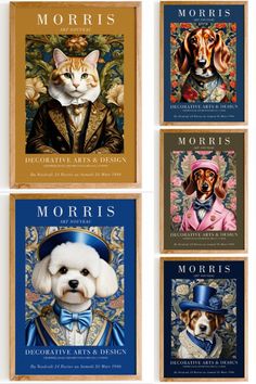 four books with dogs and cats on them, all in different colors or designs are shown