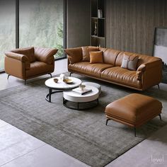 a living room filled with lots of brown furniture